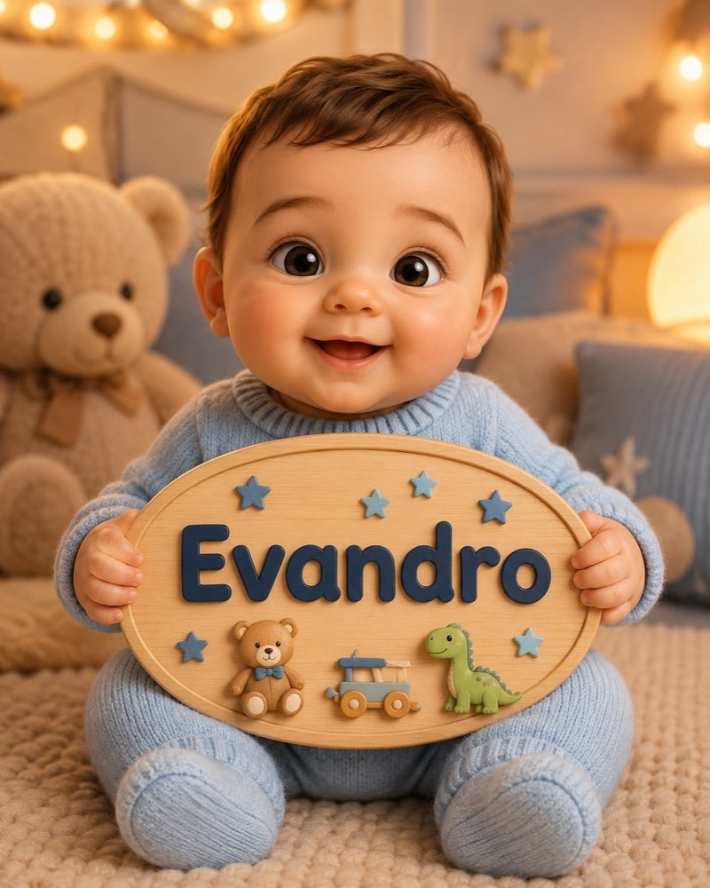 Ilustração de bebê segurando plaquinha com o nome Evandro