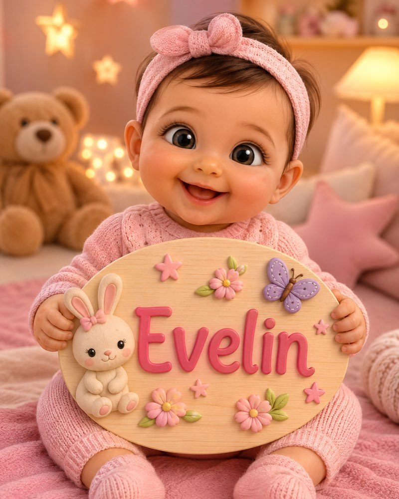 Ilustração de bebê segurando plaquinha com o nome Evelin
