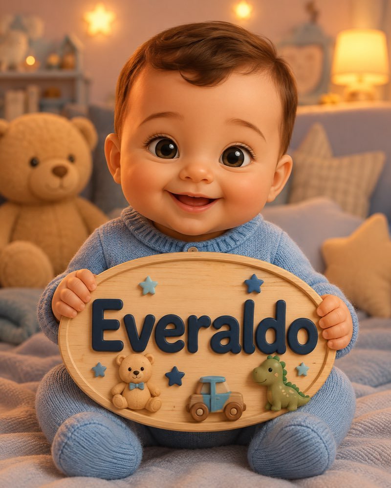 Ilustração de bebê segurando plaquinha com o nome Everaldo