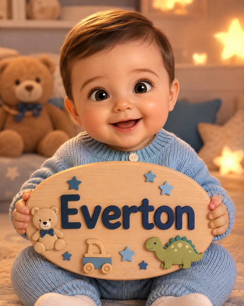 Ilustração de bebê segurando plaquinha com o nome Everton