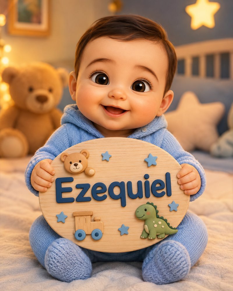 Ilustração de bebê segurando plaquinha com o nome Ezequiel