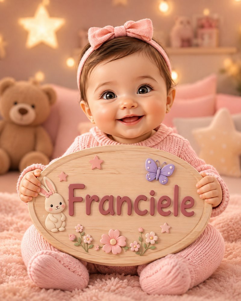 Ilustração de bebê segurando plaquinha com o nome Franciele