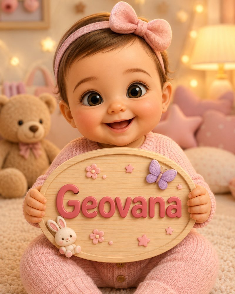 Ilustração de bebê segurando plaquinha com o nome Geovana