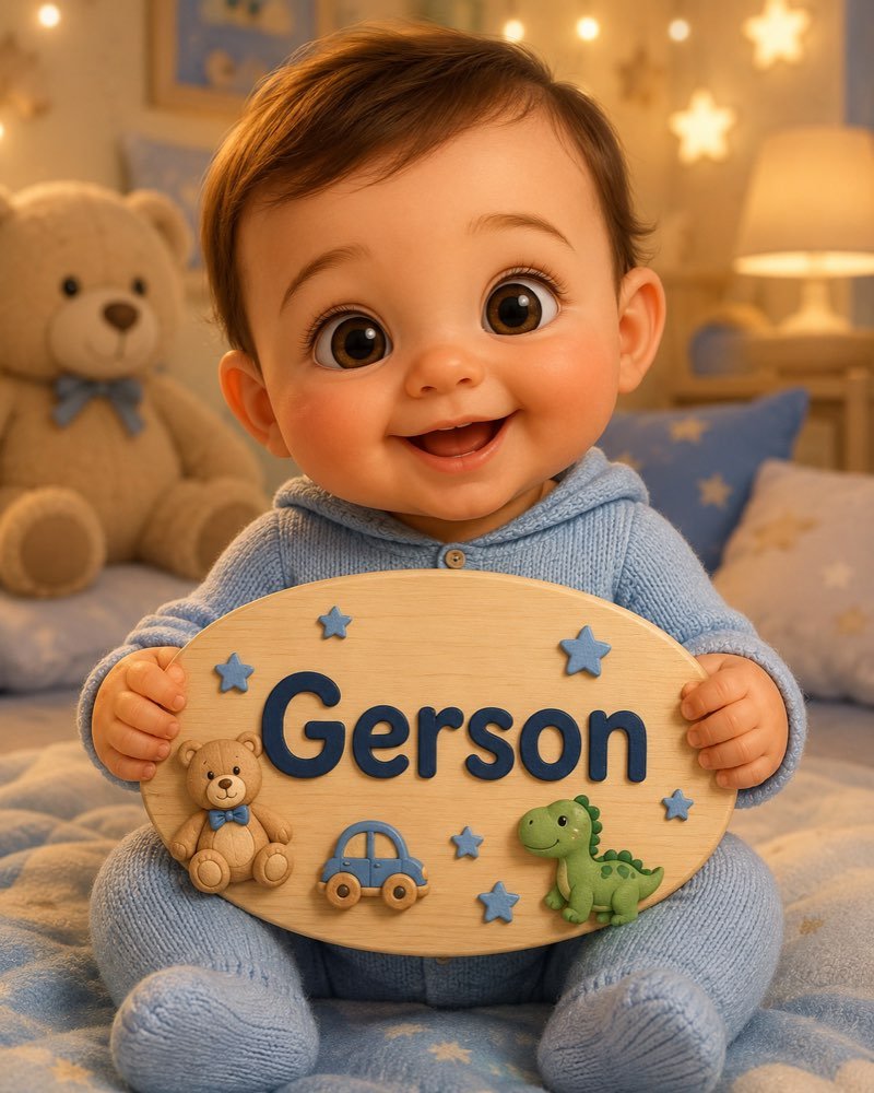 Ilustração de bebê segurando plaquinha com o nome Gerson