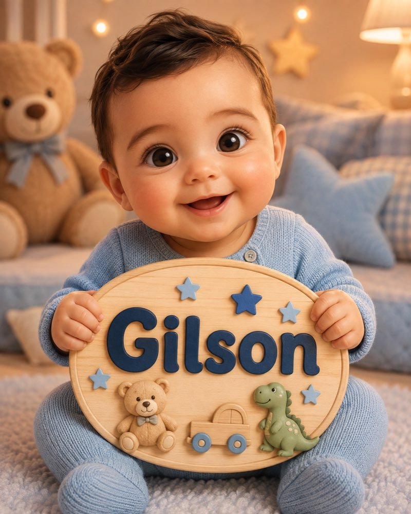Ilustração de bebê segurando plaquinha com o nome Gilson