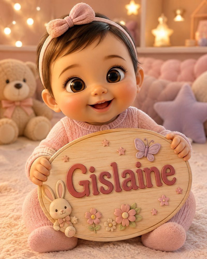 Ilustração de bebê segurando plaquinha com o nome Gislaine