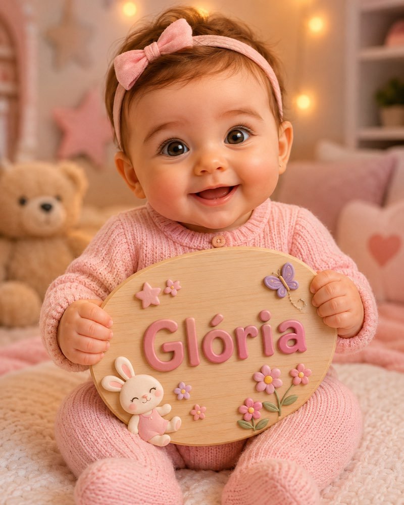 Ilustração de bebê segurando plaquinha com o nome Glória