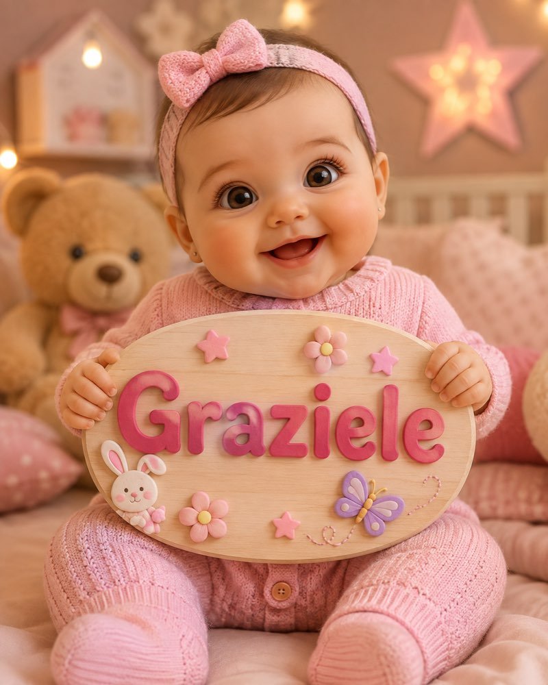 Ilustração de bebê segurando plaquinha com o nome Graziele