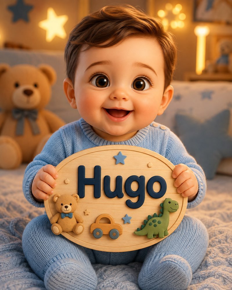 Ilustração de bebê segurando plaquinha com o nome Hugo