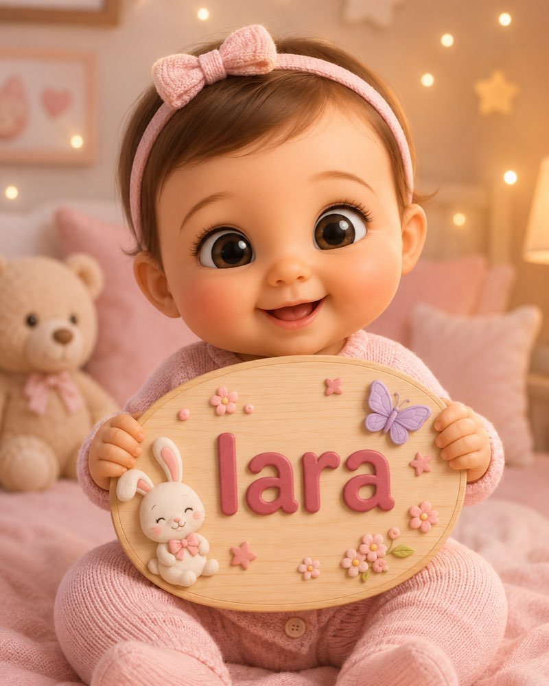 Ilustração de bebê segurando plaquinha com o nome Iara