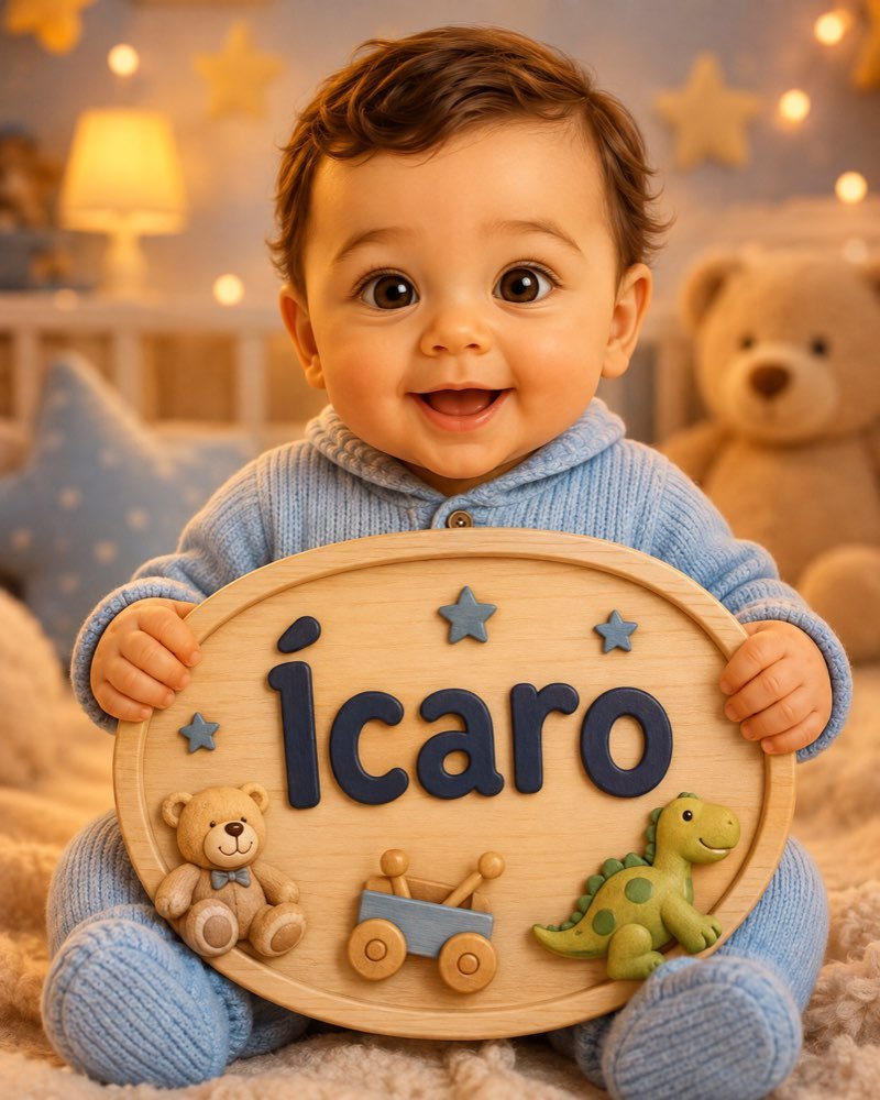 Ilustração de bebê segurando plaquinha com o nome Ícaro