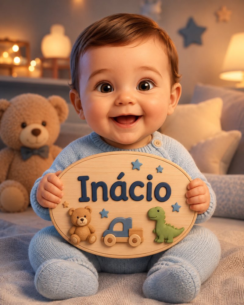 Ilustração de bebê segurando plaquinha com o nome Inácio