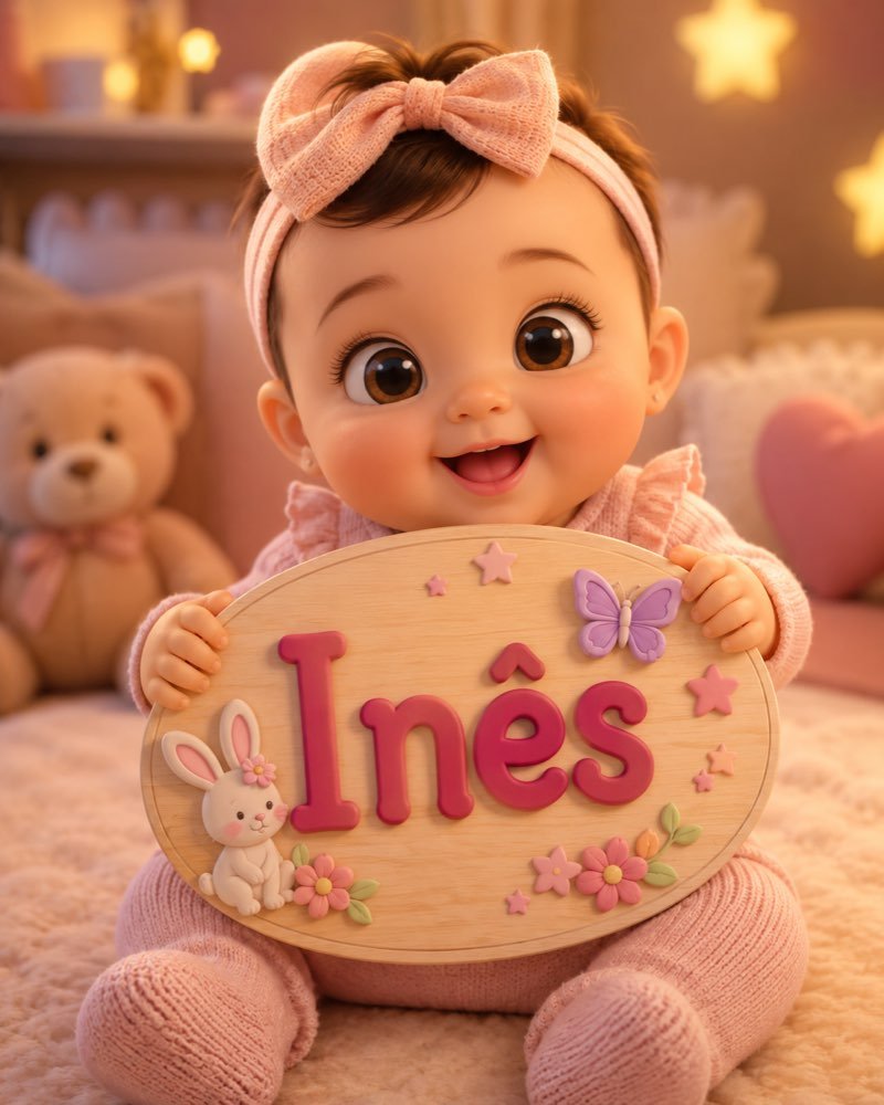 Ilustração de bebê segurando plaquinha com o nome Inês