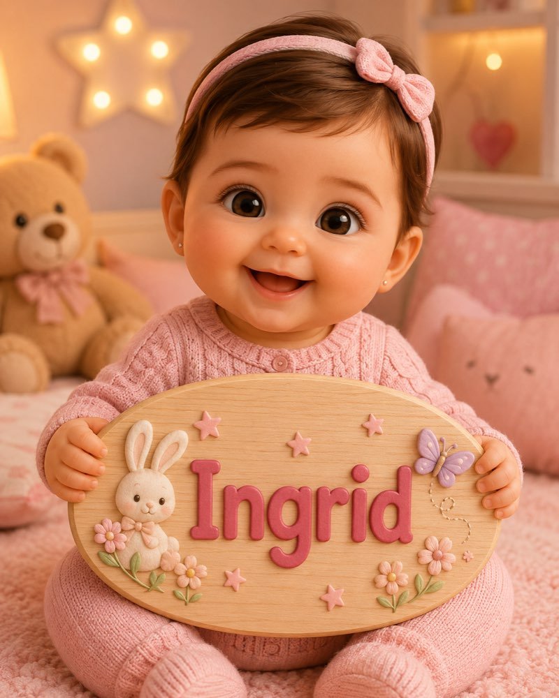 Ilustração de bebê segurando plaquinha com o nome Ingrid