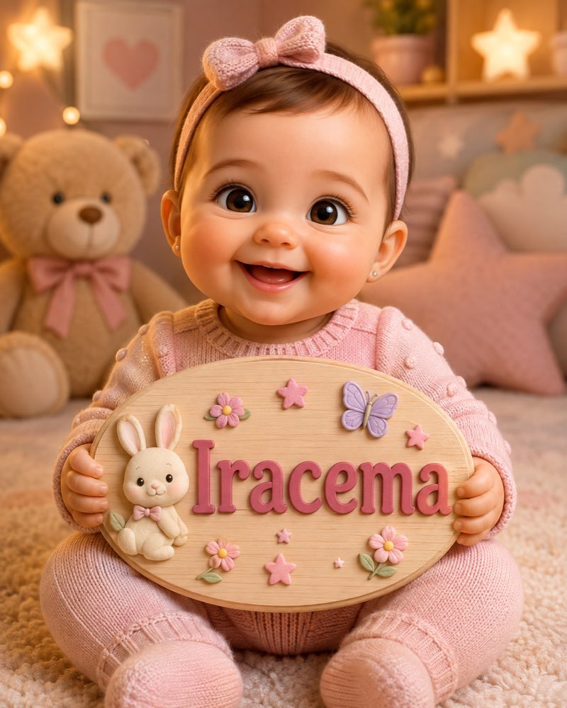 Ilustração de bebê segurando plaquinha com o nome Iracema