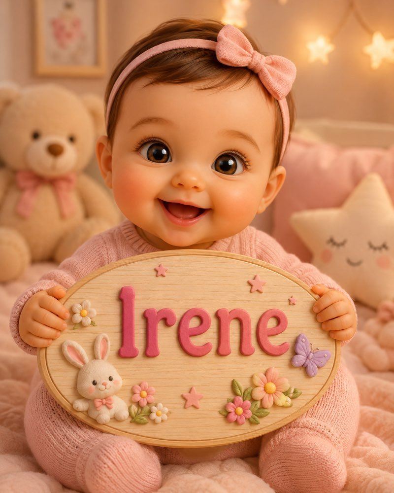 Ilustração de bebê segurando plaquinha com o nome Irene