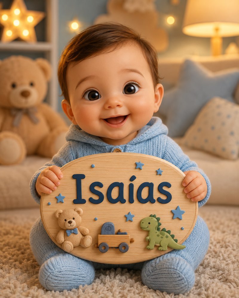 Ilustração de bebê segurando plaquinha com o nome Isaías