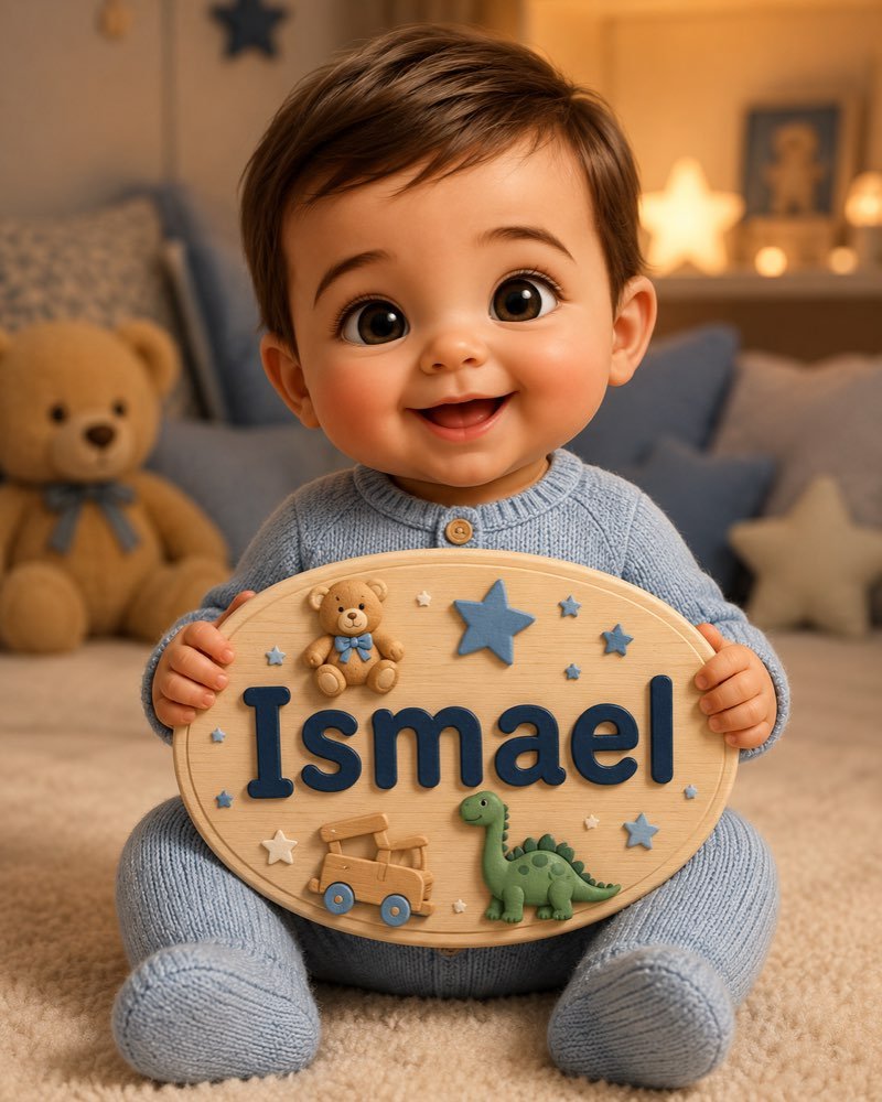 Ilustração de bebê segurando plaquinha com o nome Ismael