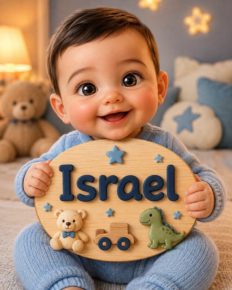 Ilustração de bebê segurando plaquinha com o nome Israel