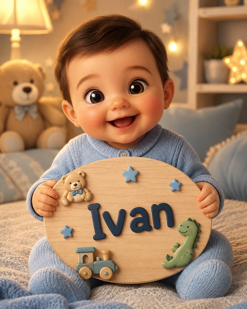 Ilustração de bebê segurando plaquinha com o nome Ivan