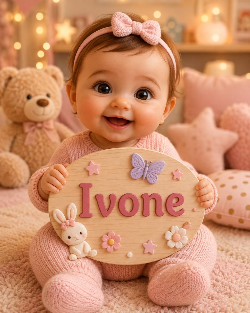 Ilustração de bebê segurando plaquinha com o nome Ivone