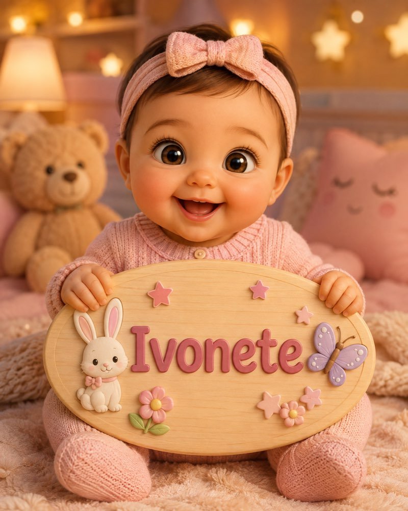 Ilustração de bebê segurando plaquinha com o nome Ivonete