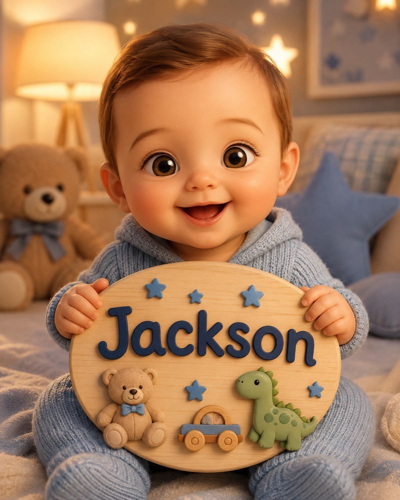 Ilustração de bebê segurando plaquinha com o nome Jackson