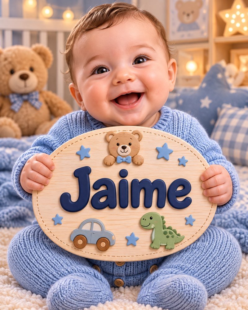 Ilustração de bebê segurando plaquinha com o nome Jaime