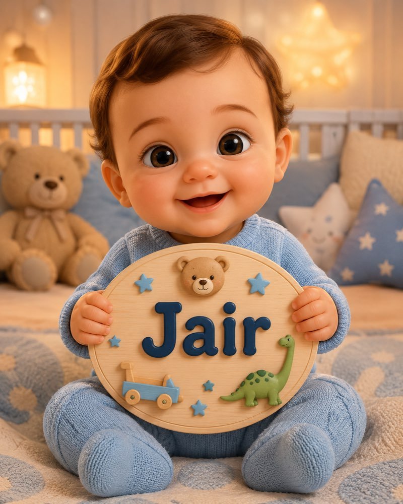 Ilustração de bebê segurando plaquinha com o nome Jair