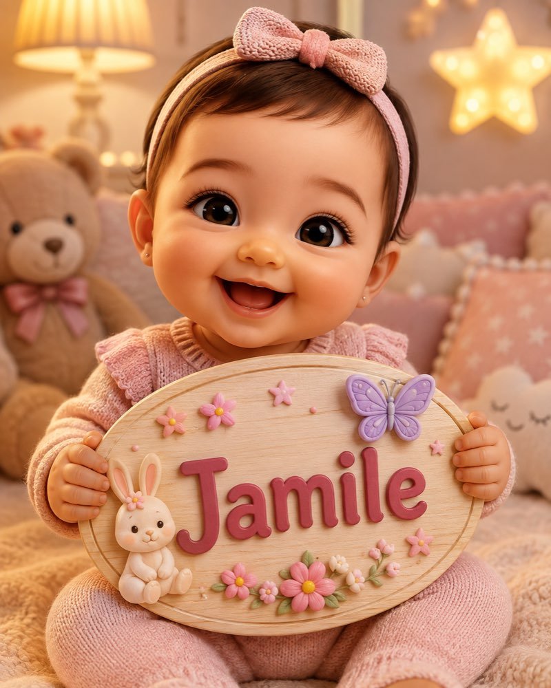 Ilustração de bebê segurando plaquinha com o nome Jamile