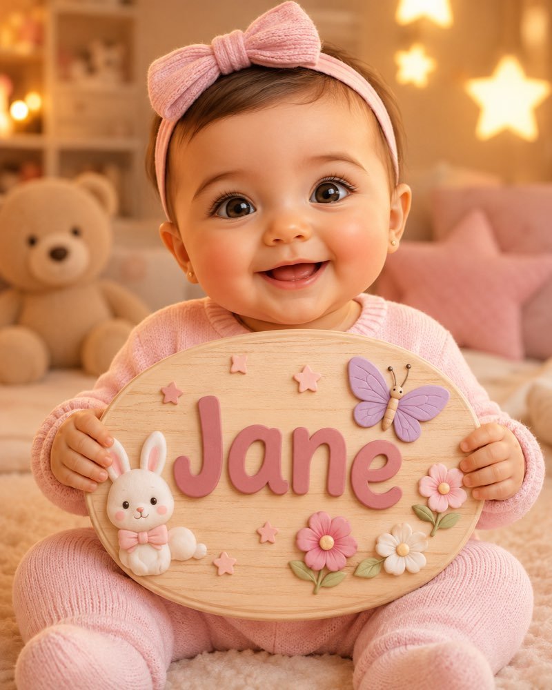 Ilustração de bebê segurando plaquinha com o nome Jane