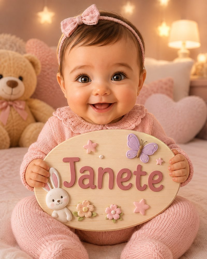 Ilustração de bebê segurando plaquinha com o nome Janete