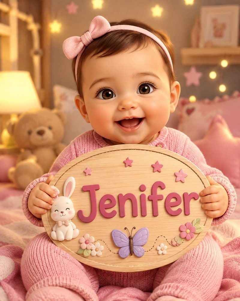 Ilustração de bebê segurando plaquinha com o nome Jenifer