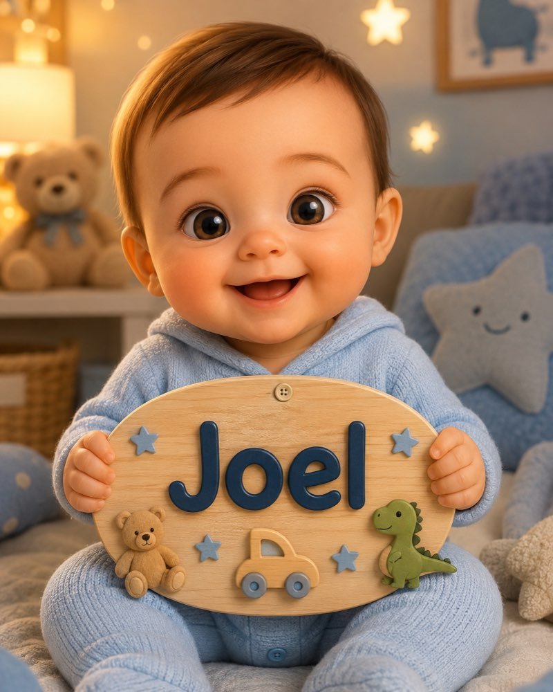 Ilustração de bebê segurando plaquinha com o nome Joel