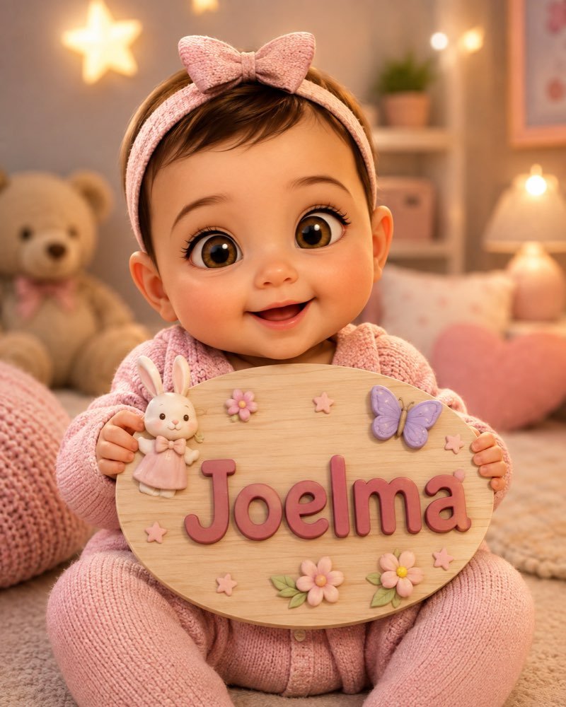Ilustração de bebê segurando plaquinha com o nome Joelma