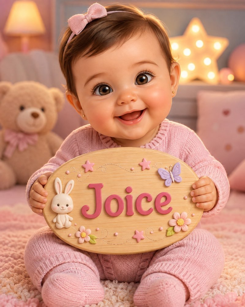 Ilustração de bebê segurando plaquinha com o nome Joice