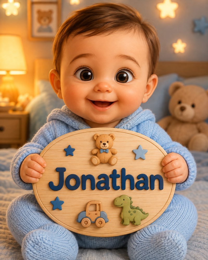 Ilustração de bebê segurando plaquinha com o nome Jonathan
