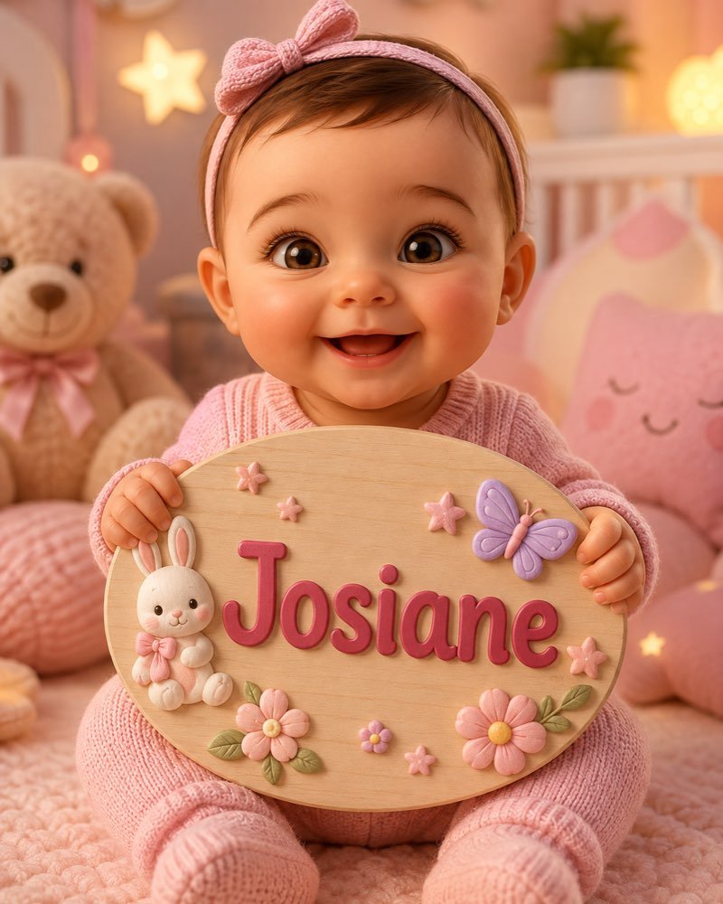 Ilustração de bebê segurando plaquinha com o nome Josiane