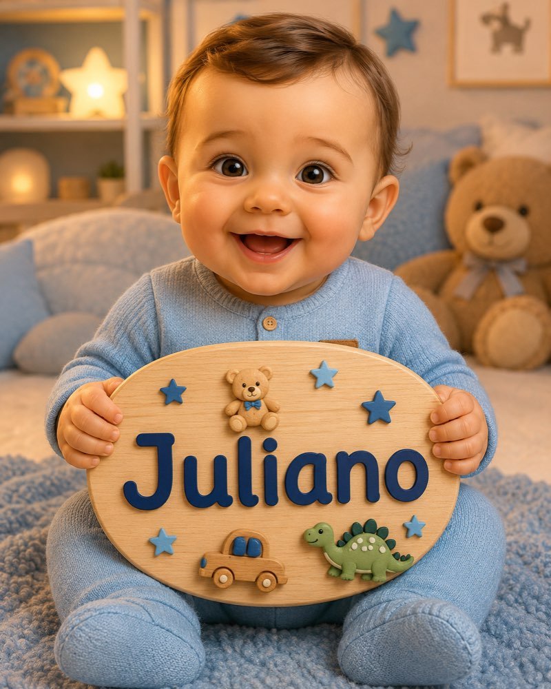 Ilustração de bebê segurando plaquinha com o nome Juliano