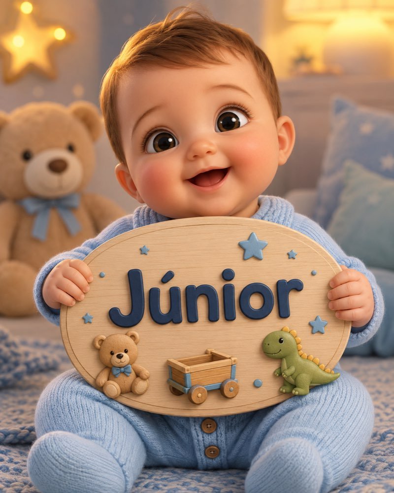 Ilustração de bebê segurando plaquinha com o nome Júnior
