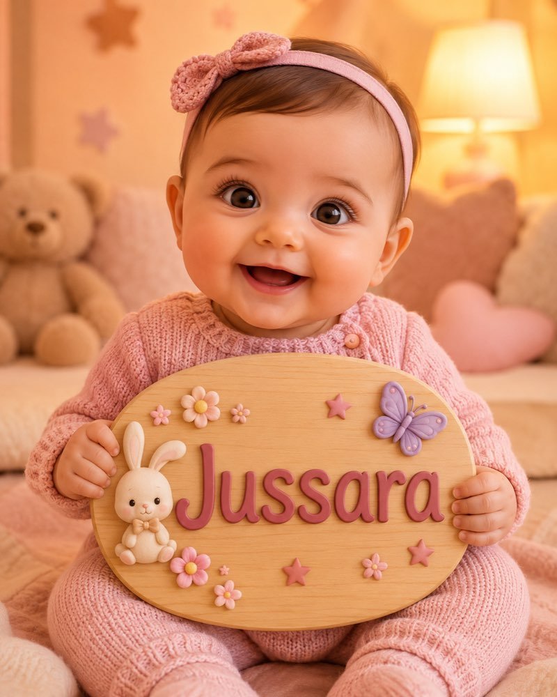 Ilustração de bebê segurando plaquinha com o nome Jussara