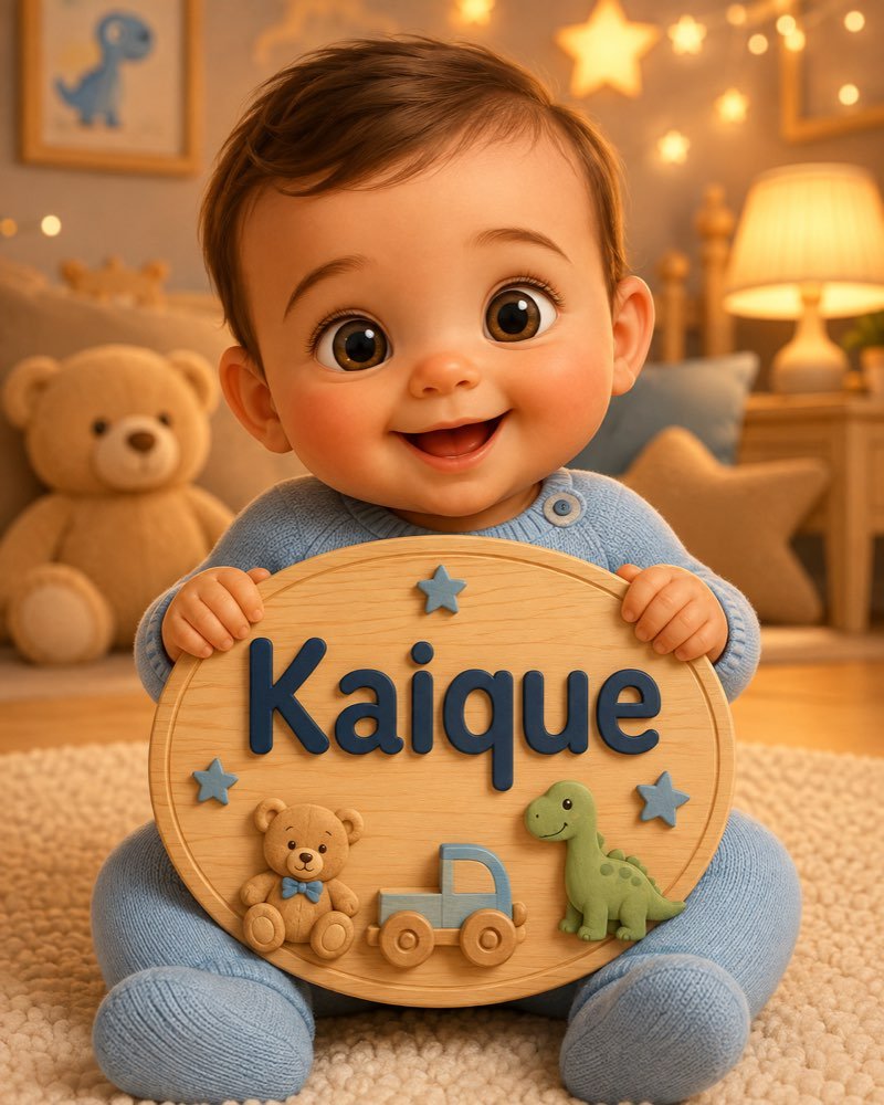 Ilustração de bebê segurando plaquinha com o nome Kaique