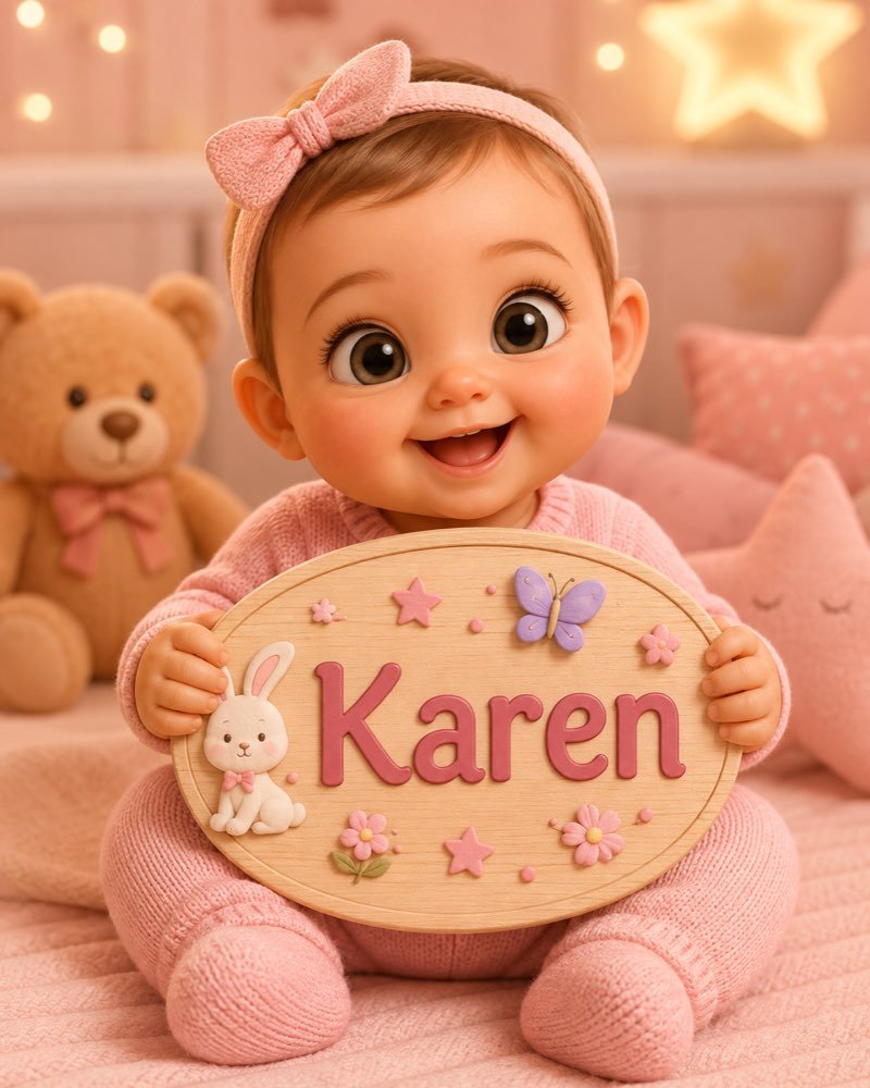 Ilustração de bebê segurando plaquinha com o nome Karen