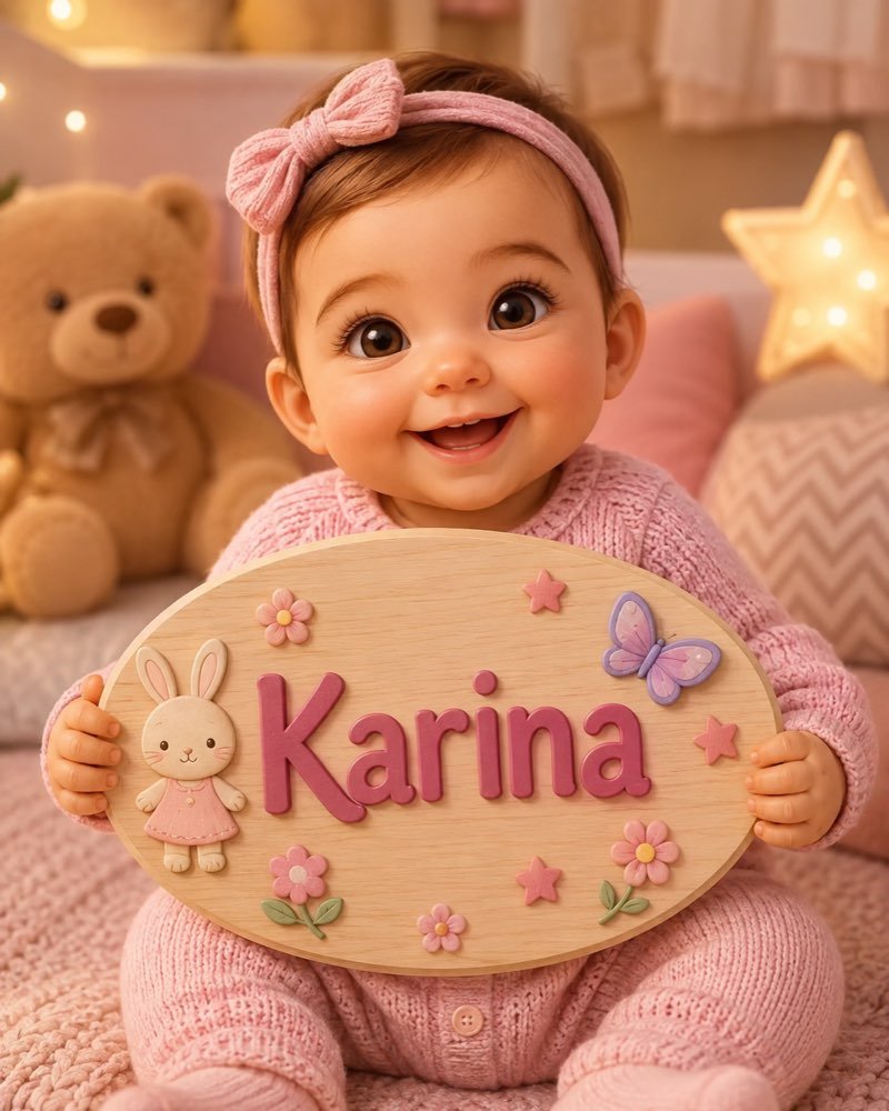 Ilustração de bebê segurando plaquinha com o nome Karina