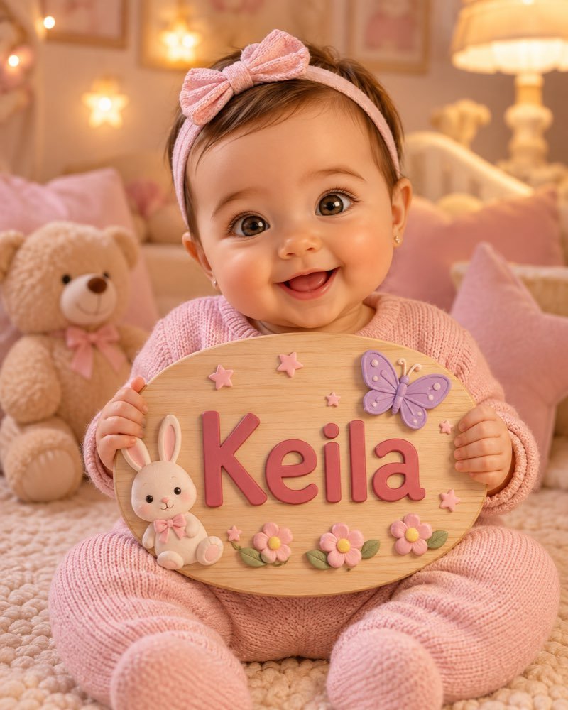 Ilustração de bebê segurando plaquinha com o nome Keila