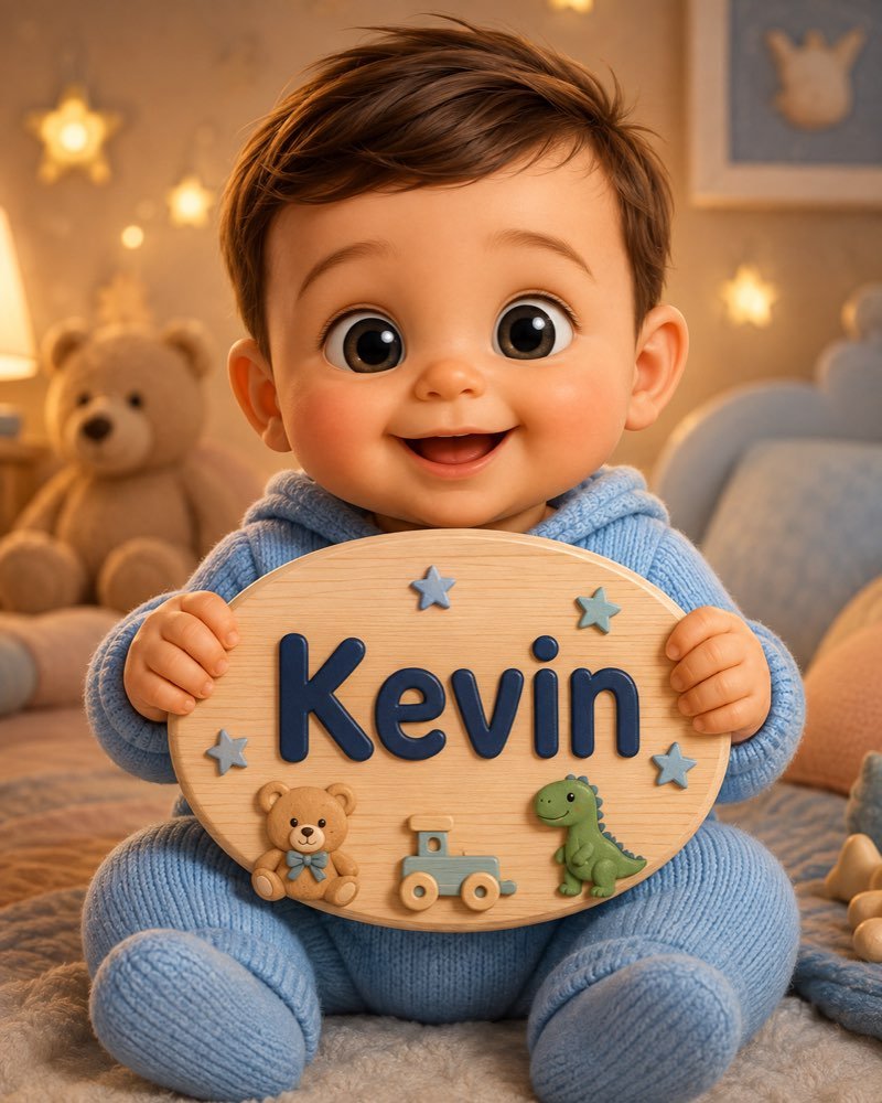 Ilustração de bebê segurando plaquinha com o nome Kevin