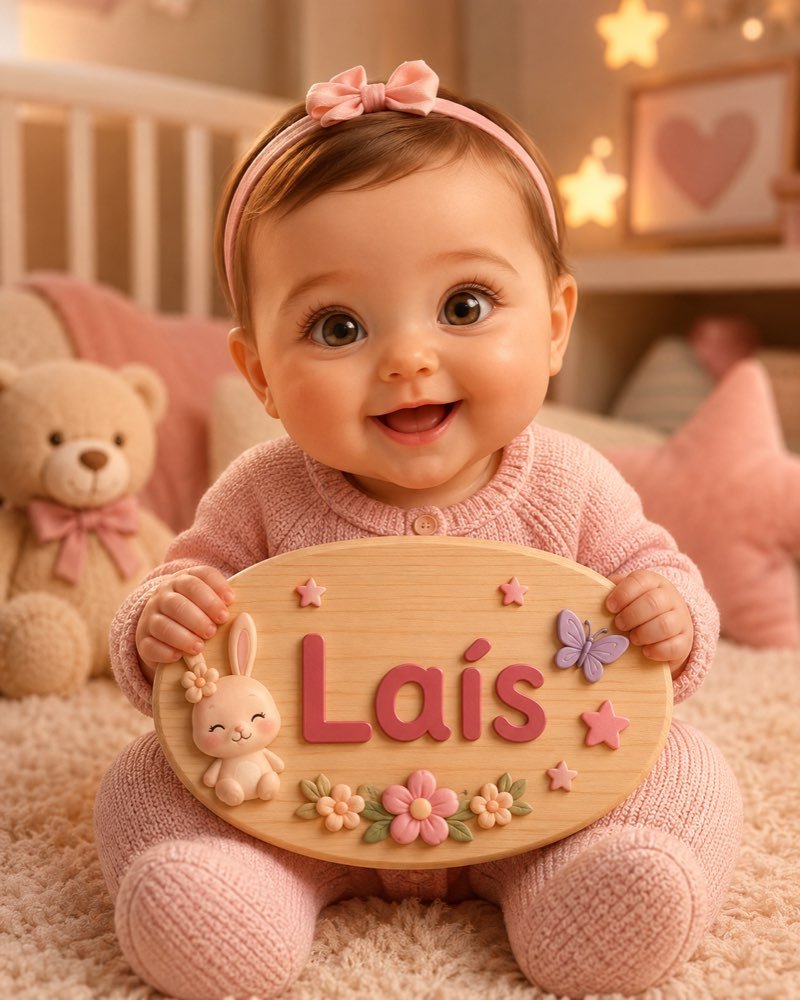 Ilustração de bebê segurando plaquinha com o nome Laís