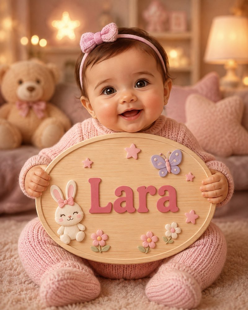 Ilustração de bebê segurando plaquinha com o nome Lara