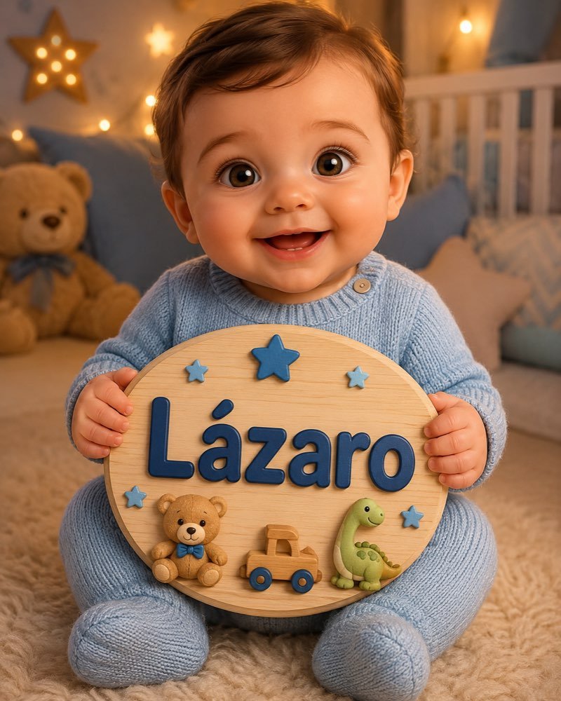 Ilustração de bebê segurando plaquinha com o nome Lázaro