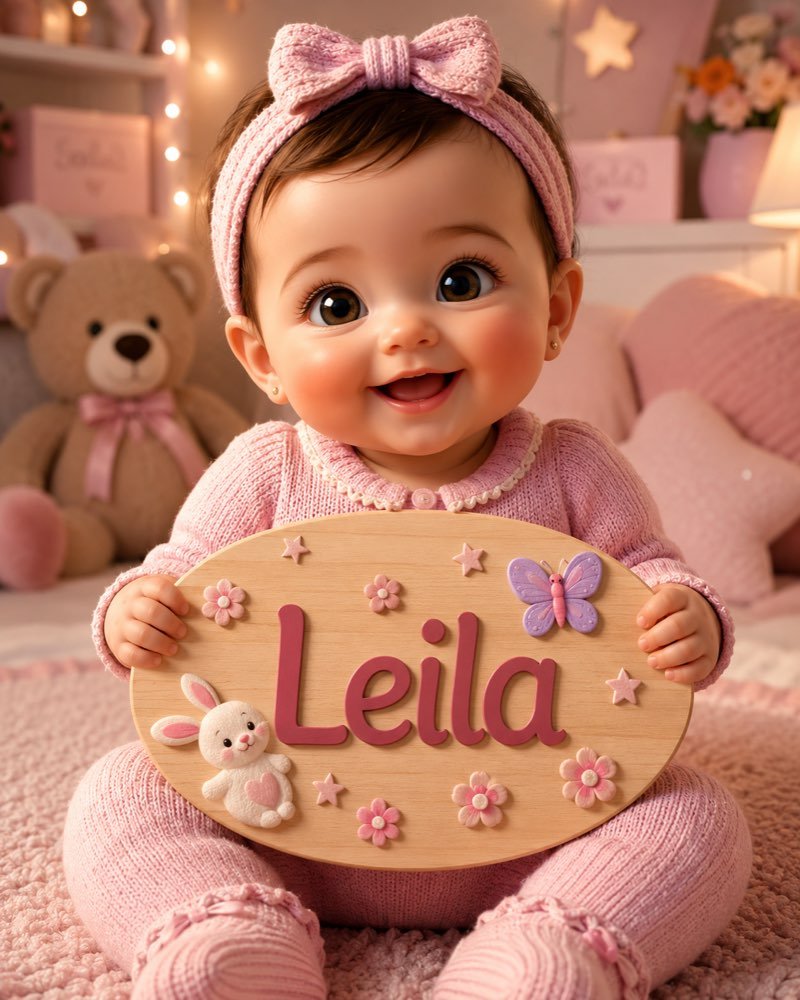 Ilustração de bebê segurando plaquinha com o nome Leila